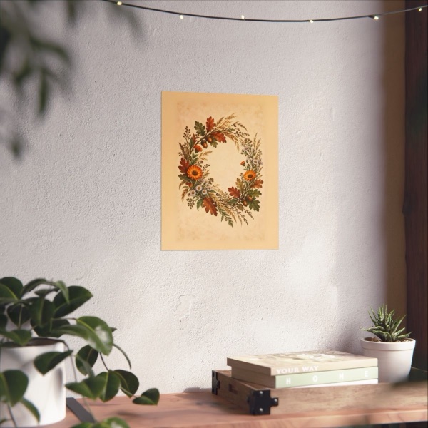 Minimal Autumn Botanical Harvest Wreath, shown framed in a room