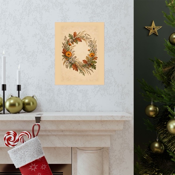 Minimal Autumn Botanical Harvest Wreath, shown framed in a room
