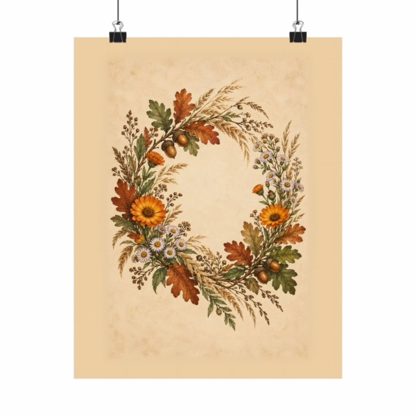 Minimal Autumn Botanical Harvest Wreath, poster by PetalMorrow