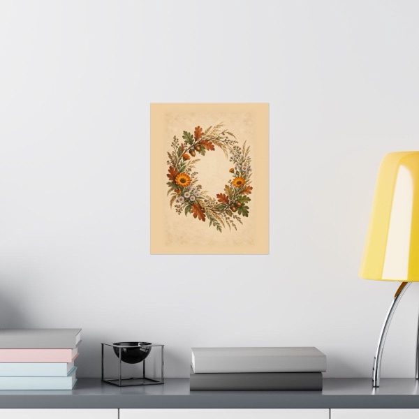 Minimal Autumn Botanical Harvest Wreath, shown framed in a room