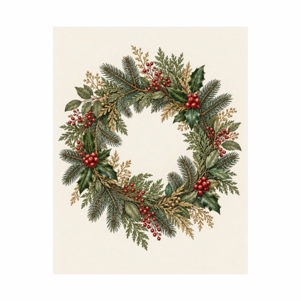 Winter Evergreen and Berry Wreath, the print