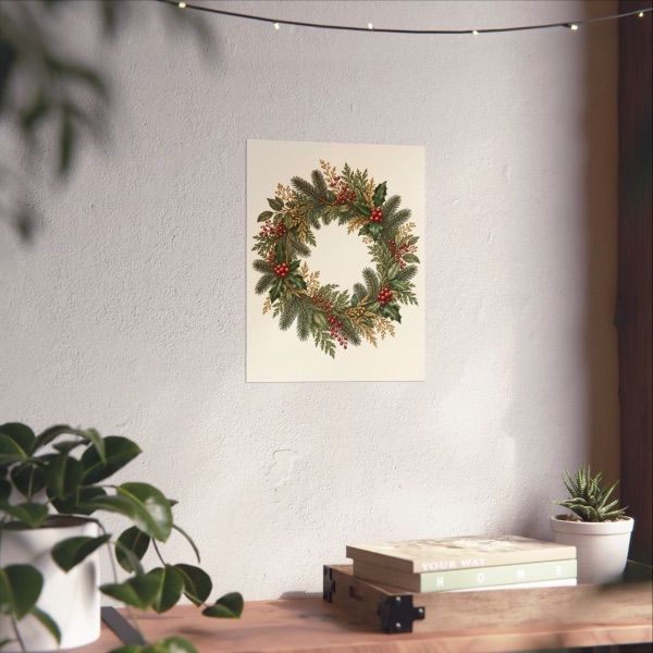 Winter Evergreen and Berry Wreath, shown framed in a room