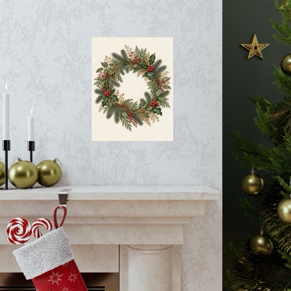 Winter Evergreen and Berry Wreath, shown framed in a room