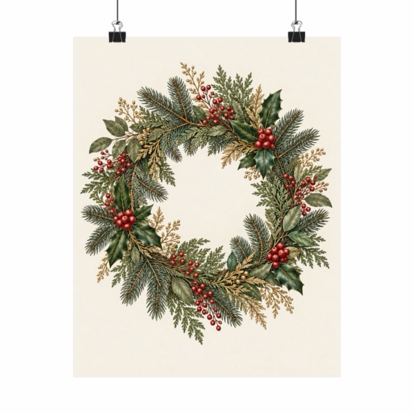 Winter Evergreen and Berry Wreath, poster by PetalMorrow