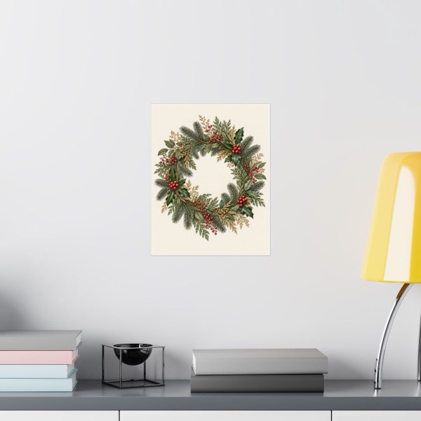 Winter Evergreen and Berry Wreath, shown framed in a room