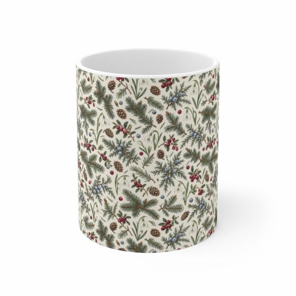 Winter Evergreen Botanical Repeat Mug Design, mug by PetalMorrow
